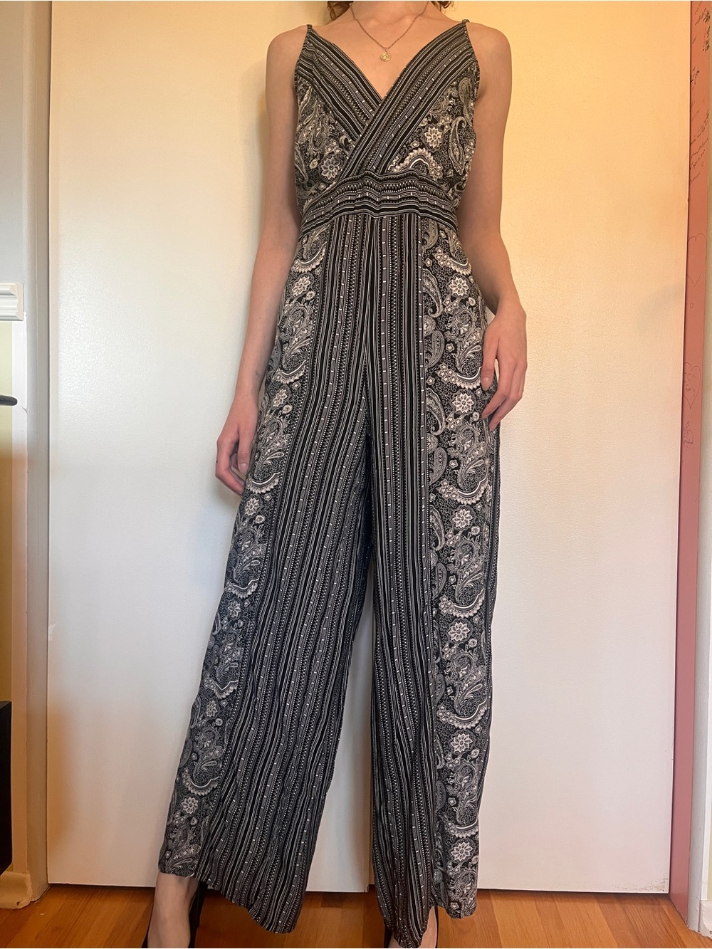 Aqua Black Paisley-Stripe V-Neck Wide-Leg Jumpsuit